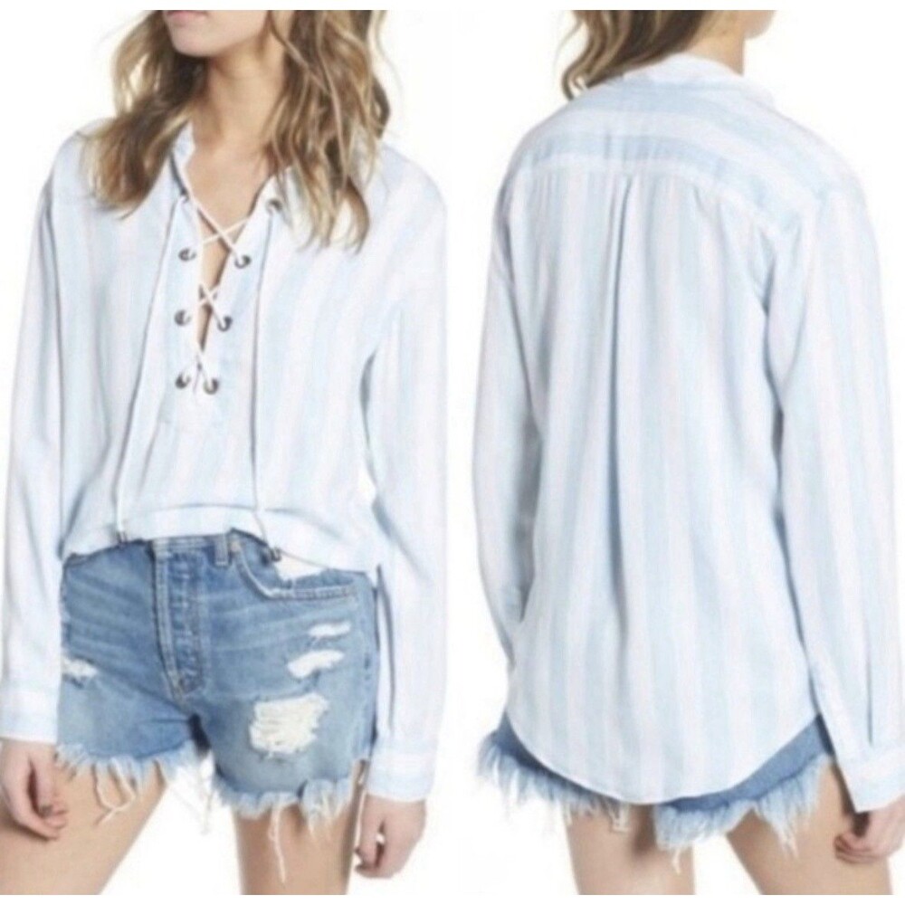 Rails Uli Block Women Blue & White Stripe Tunic Top Corset Lacing Size Medium